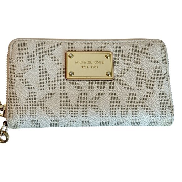 Michael Kors Women's Logo Print Wristlet Wallet Brown Tan Zip - Picture 7 of 7